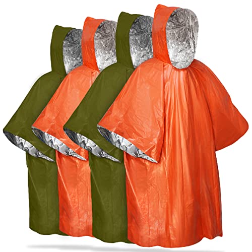 FosPower Emergency Waterproof Rain Poncho (4 Pack) Reusable Thermal Blanket Lightweight Weather Resistant Raincoat with Hood for Camping Accessories, Outdoors, Emergency Kit Supplies, Essential