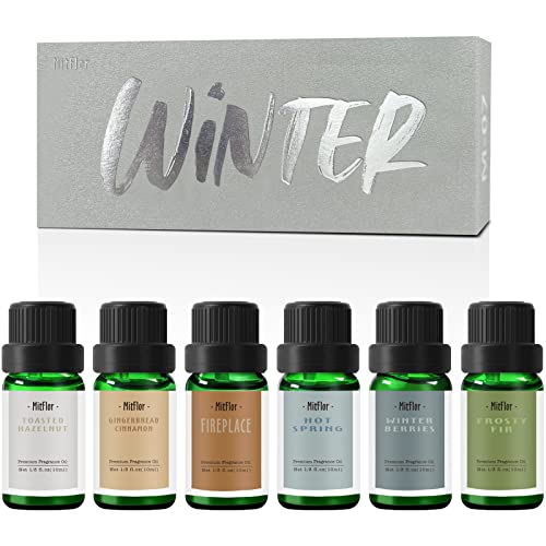 Fragrance Oil, MitFlor Winter Essential Oils for Diffuser, Soap & Candle Making Scents, Premium Scented Oil Gift Set for Christmas, Winter Berries, Gingerbread Cinnamon, Fireplace and More, 6 x10ml