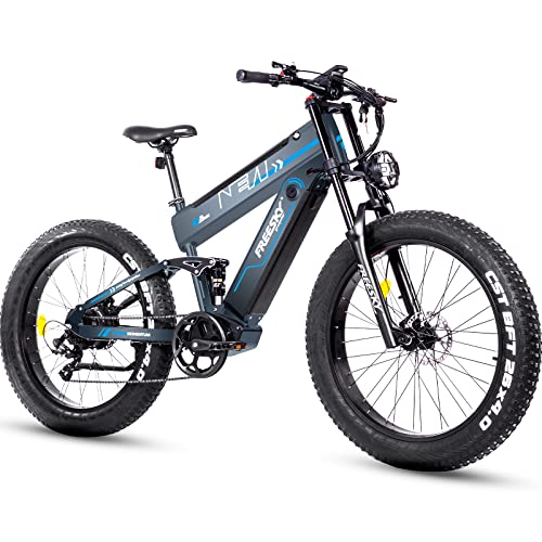 FREESKY Electric Bike for Adults, 1000W BAFANG Motor Dual Battery 26”Fat Tire Electric Bike, Full Suspension Dual Hydraulic Brakes E Mountain Bicycles 35mph 60-110 Miles Long Range Fast Electric Bikes