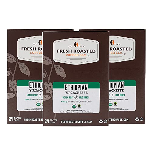 Fresh Roasted Coffee, Organic Ethiopian Yirgacheffe, Fair Trade Kosher, K-Cup Compatible, 72 Pods