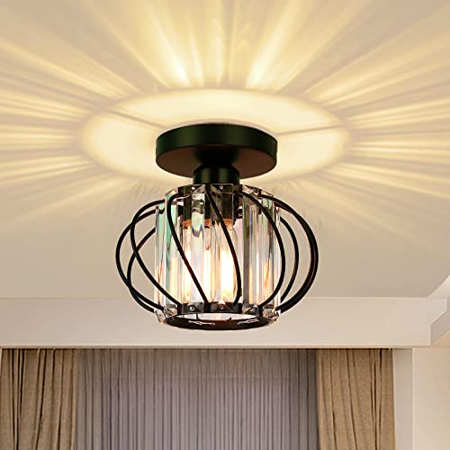 FRIDEKO HOME Industrial Semi Flush Mount Ceiling Light - Mini Crystal Ceiling Light Fixture Modern Light Fixtures Ceiling Mount E26 Small Chandelier for Hallway Porch Entryway Foyer Bathroom,Black