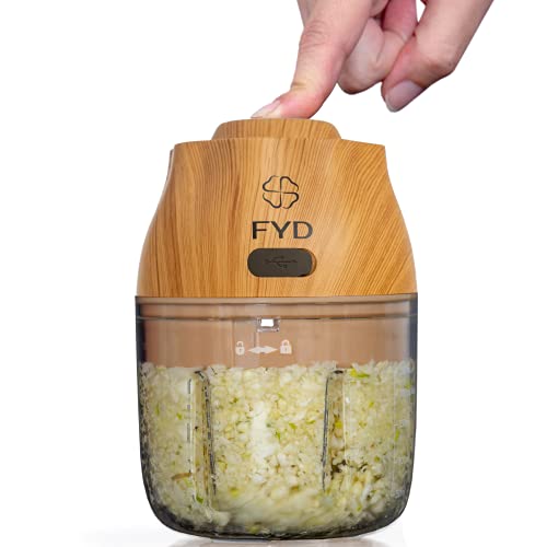 FYD Electric Garlic Chopper, Portable Onion Chopper - Spice Grinder Electric with Type C Charge Port - Veggie Chopper for Chili Ginger Onion Vegetable Fruit and Nuts - 250ML (Light Wood)