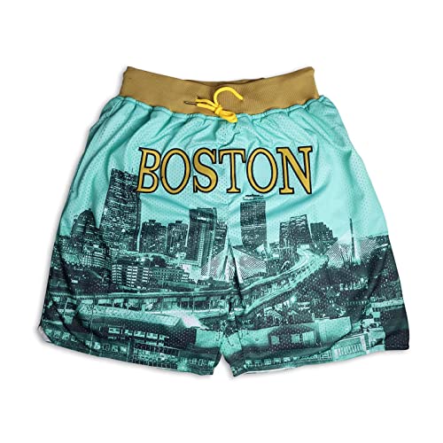 Gippija Boston Basketball Shorts Quick Dry Mesh Embroidered with Pockets for Men Women, Fans Sport Shorts L