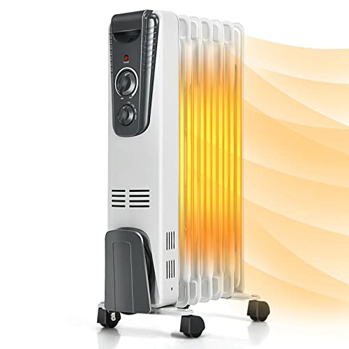 GOFLAME Electric Oil Filled Radiator Heater with Wheels, Portable Space Heater with Adjustable Thermostat, Tip-over & Overheated Protection, Energy Saving Mini Heater for Home and Office, 1500W