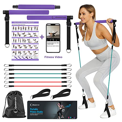 Goocrun Portable Pilates Bar Kit with Resistance Bands for Men and Women - 6 Exercise Resistance Bands (15, 20, 30 LB) - Home Gym Equipment - Supports Full-Body Workouts – with Video