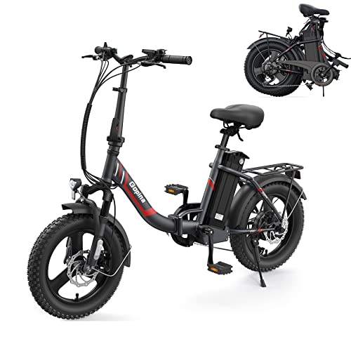 Gopina Electric Bike, 16" x 3.0 Fat Tire Electric Bike for Adults, 350W Folding Electric Bike with 48V Removable Battery, 20MPH Shimano 7-Speed Folding Electric Bike for Commuting, Beach, Snow