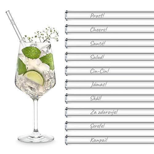 HALM Glass Straws - 20x 8 inch Drinking Straws with "Cheers" in 20 different languages The Toast Present - Prost, Salude - Made in Germany - Dishwasher Safe - Eco-Friendly