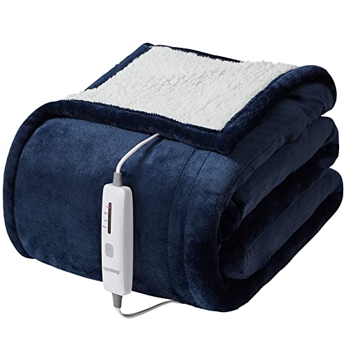 Hansleep Heated Blanket Electric Blanket Throw - Heating Blanket with 4 Heating Levels 4 Hours Auto Off, Super Cozy Machine Washable Sherpa Electric Throw Fast Heating, 50 x 60 Inches, Navy