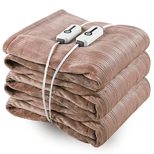 Heated Blanket, Queen Size 84'' x 90'' Dual Control Soft Flannel Electric Blanket with 4 Heating Levels & 10H Auto Off Settings, Machine Washable & Home Use, Color Flaxen