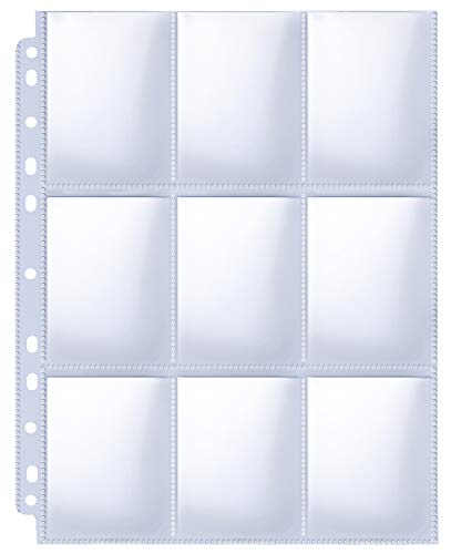 HERKKA Trading Card Sleeve Pages, 100 Pack 9 Pocket Trading Card Storage Album Pages 11 Holes Fit 3 Ring Binder