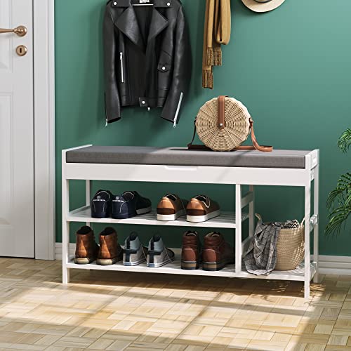 HIFIT Bamboo Shoe Bench Rack with Storage, Entryway Storage Bench with Padded Seat, Shoe Oiganizer Shelf for Entryway Mudroom Bathroom, White