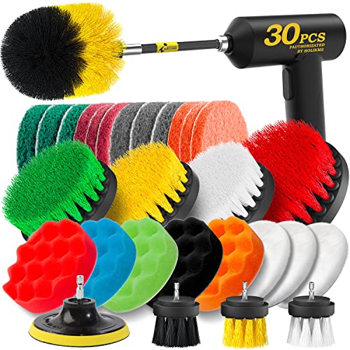 Holikme 30 Piece Drill Brush Attachments Set,Scrub Pads & Sponge, Power Scrubber Brush with Extend Long Attachment All Purpose Clean for Grout, Tiles, Sinks, Bathtub, Bathroom, Kitchen