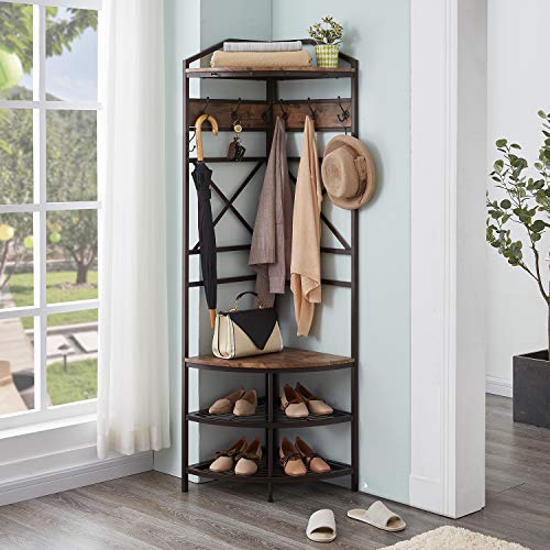 HOMISSUE Vintage Corner Hall Tree with Shoe Bench, Entryway Coat Rack with 6 Double Hooks, Retro Brown