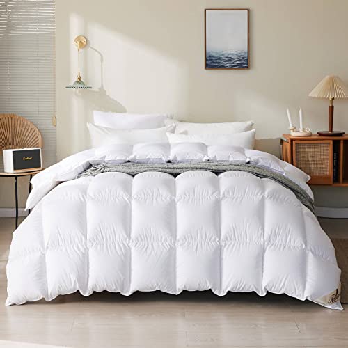 Homyrium Feathers Down Comforter King Size Heavyweight for Winter Extra Warmth Hotel Collection King Down Comforter 750+ Fill Power White Fluffy Thick Down Duvet Insert with Corner Tabs(106x90, 70 Oz)