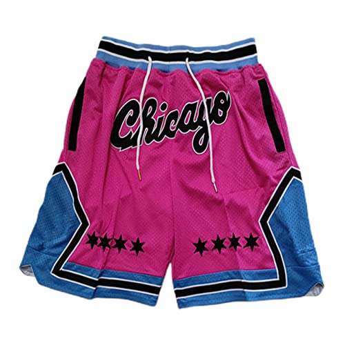 hong guan Basketball City Player Fans Retro Quick Dry Loose-Fit Workout Running Mesh Active Shorts with Zipper Pockets (Small, Pink)