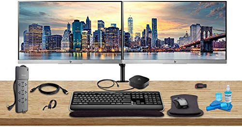 HP Home Office Bundle with 2 x E223 22" Monitors (HDMI, DisplayPort) USB-C Dock - Dual Monitor Stand - Wireless Keyboard and Mouse, Gel Wrist Pad - Surge Protector - 32GB USB Drive and More