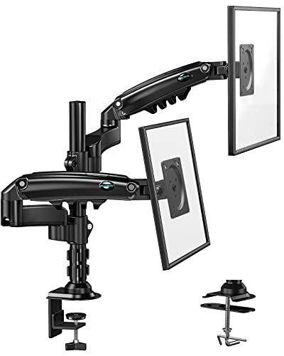 HUANUO Dual Monitor Stand, Height Adjustable Spring Monitor Stands for 2 Monitors Desk Mount Fits Two 13 to 32 inch Computer Screens with Clamp/Grommet Mounting Base, Each Arm Holds up to 20lbs