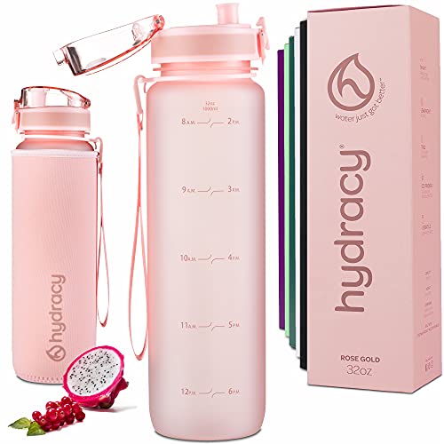 Hydracy Water Bottle with Time Marker -Large 32oz BPA Free Water Bottle & No Sweat Sleeve -Leak Proof Gym Bottle with Fruit Infuser Strainer & Times to Drink -Ideal Gift for Fitness Sports & Outdoors