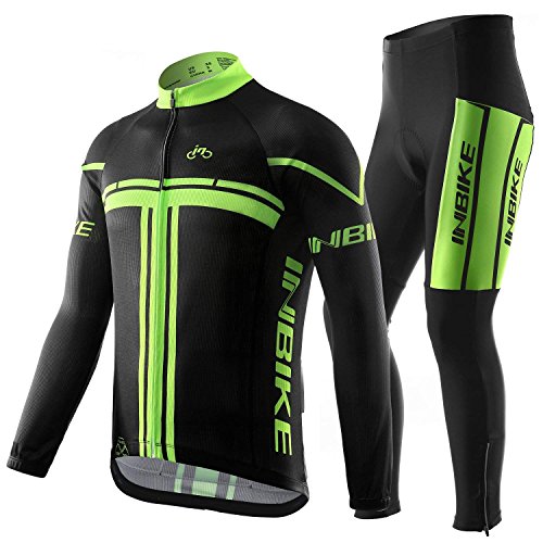 INBIKE Men's Long Sleeve Cycling Jerseys Bike Road Bicycle Shirt Padded Pants Tights Medium Green and Black