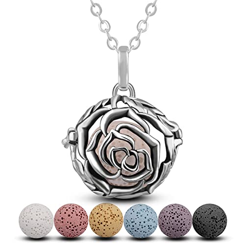 INFUSEU Essential Oil Necklaces for Women Lava Rock Stone Aromatherapy Diffuser Jewelry Rose Flower Pendant Vintage Unique Gifts for Wife Grandma Girlfriend