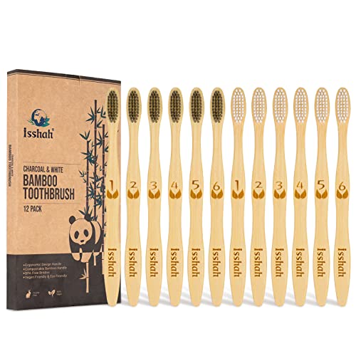 Isshah Biodegradable Eco-Friendly Natural Bamboo Charcoal Toothbrushes - 12 Count