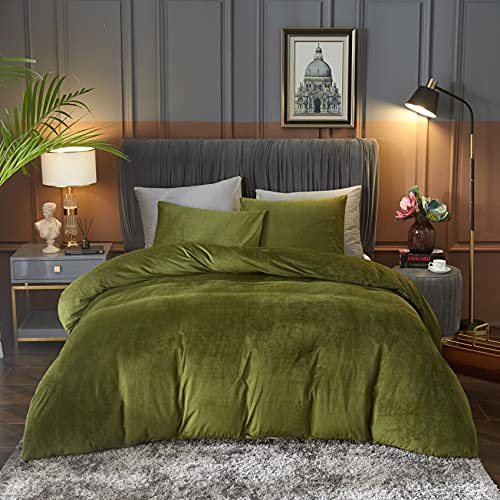 Ivellow Velvet Duvet Cover Queen Set Sage Green Velvet Duvet Cover Queen Velvet Comforter Cover 3Pcs Ultra Soft Duvet Cover Breathable Solid Luxury Flannel Velour Duvet Cover Zipper Closure Corner Tie