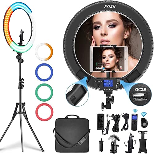 IVISII 19 inch Ring Light with Remote Controller and Stand ipad Holder,60W Bi-Color with 4 Color Soft Filters for Live Stream/Makeup/YouTube Video/TikTok/Zoom/Photography