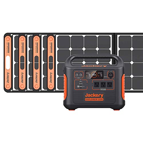 Jackery Solar Generator 1500 1534Wh Capacity with 4X Solar Panels SolarSaga 100W, 3 x 110V/1800W AC Outlets, Ideal for Home Backup, Emergency, RV Outdoor Camping