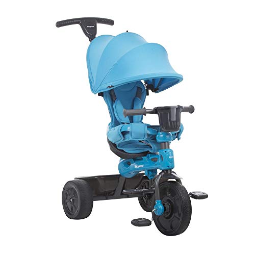 Joovy 4.1 Kids Tricycle with 4-Stages Featuring Extra-Wide Front Tire, Removable and Adjustable Parent Handle, Safety Harness, Machine-Washable Seat Pad, and Retractable Canopy (Blue)