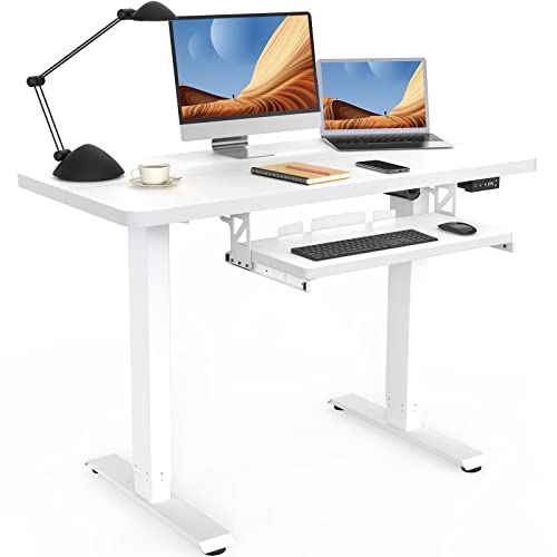 JOY worker White Electric Standing Desk with Keyboard Tray, Splice Board 48 x 24 Inches Sit Stand Up Height Adjustable Desk with Memory Controller, Ergonomic Workstation for Home Office