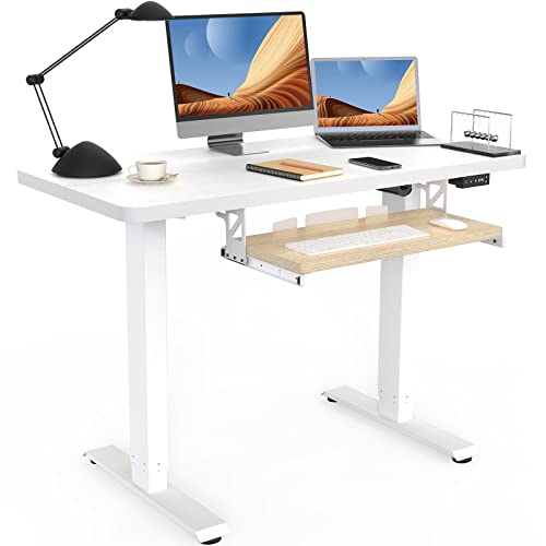 JOY worker White Electric Standing Desk with Light Wood Keyboard Tray, Splice Board 48 x 24 Inches Sit Stand Up Height Adjustable Desk with Memory Controller, Ergonomic Workstation for Home Office