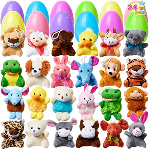 JOYIN 24 Pack Prefilled Easter Eggs of Mini Stuffed Animal Plush Toys Easter Baster Stuffer for Kids Easter Egg Hunt Filler Stuffer