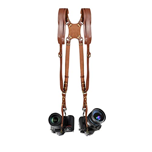 Jumyee Leather Camera Strap, Dual Camera Straps for Photographers Double Camera Harness Adjustable Shoulder Straps Belt Camera Accessories (Brown)