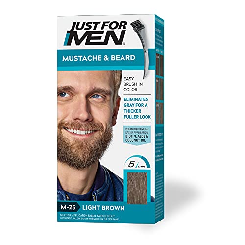 Just For Men Mustache & Beard, Beard Coloring for Gray Hair with Brush Included for Easy Application, with Biotin Aloe and Coconut Oil for Healthy Facial Hair - Light Brown, M-25