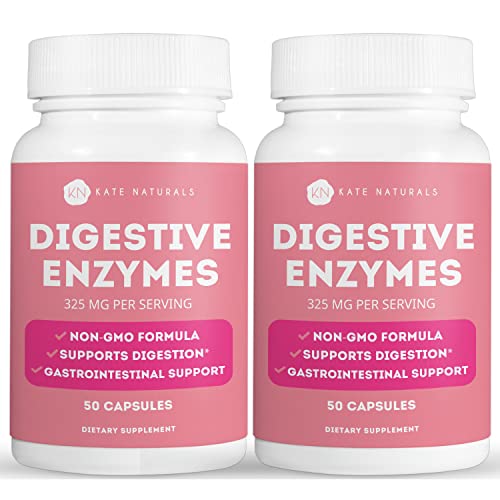 Kate Naturals Digestive Enzymes (2 Pack) Ideal for Fighting Bloating & Acid Reflux. Digestion Support. 325mg Per Serving. (2 Pack - 100 Capsules Total).