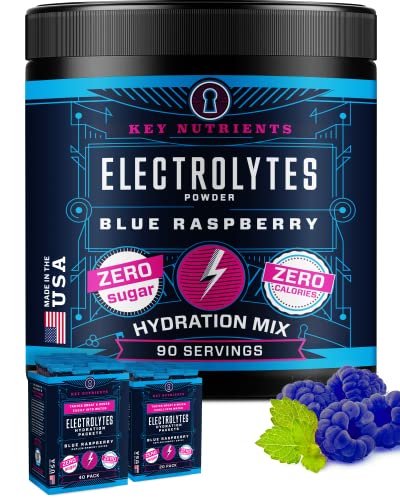 KEY NUTRIENTS Electrolytes Powder - Delicious Blue Raspberry Electrolyte Drink Mix - Hydration Powder - No Sugar, No Calories, Gluten Free - Powder and Packets (20, 40 or 90 Servings)