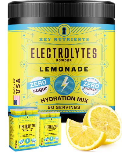 Key Nutrients Electrolytes Powder - Refreshing Lemonade Electrolyte Drink Mix - Hydration Powder - No Sugar, No Calories, Gluten Free - Powder and Packets (20, 40 or 90 Servings)