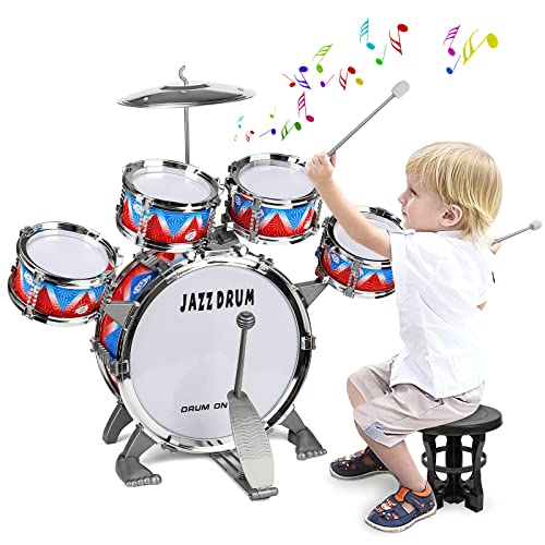 Kids Drum Set, Toddler Jazz Drum Kit 10 Piece for Toddler Toys 5 Drums with Stool Pedal Percussion Musical Instruments Drum Toy Birthday Early Education Xmas Gift Toys for 3 4 5 Year Old Girls Boys