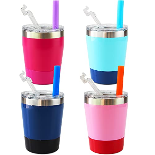 Kids Toddler Straw Cups,4 Pack 8 oz,Toddler Smoothie Cups Spill Proof Insulated Kids Stainless Steel Cups Tumbler with Lids Silicone Straws,BPA Free Stackable Baby Drinking Cups Easy Cleaning