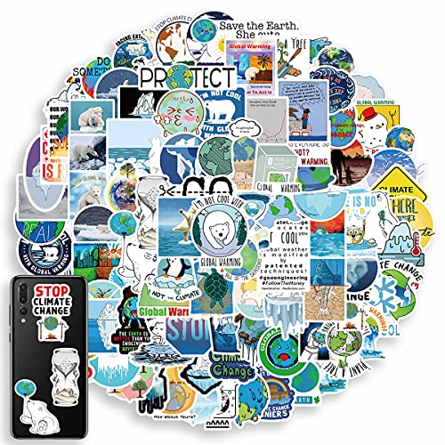 Kigibo Earth Stickers 100Pcs, Global Warming Stickers for Water Bottles Laptop Computer Skateboard, Climate Change Stickers Vinyl Waterproof Stickers for Kids Boys Girls Teens Adults