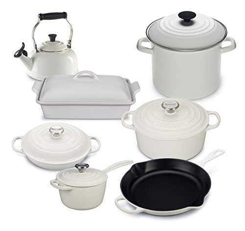 Le Creuset 12 Piece French Countryside Cast-Iron Cookware set with Enameled Cast-Iron, Enameled Stoneware and Toughened Non-Stick - White