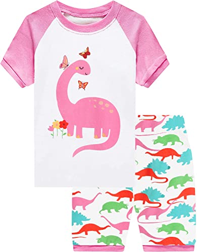 Little Hand Pajamas for Girls Dinosaur Short Sleeve Sleepwear Cotton 2 Piece Pjs Summer Nightwear Gift Age 3-4 Years