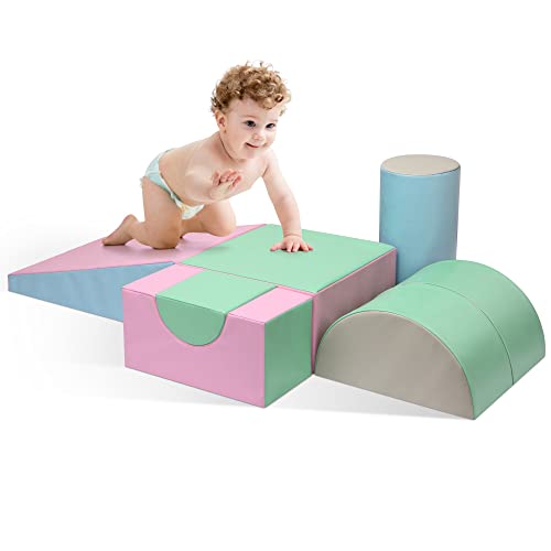 M HI-Mat Soft Climb and Crawl Activity Play Set，Safe Soft Foam Block for Preschoolers,Toddlers, Baby, Kids Crawl and Climb，Lightweight Foam Shapes for Climbing, Crawling and Sliding (Pink&Green)