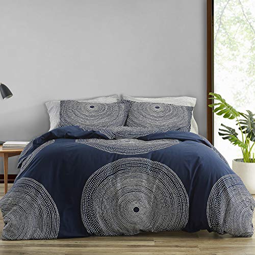 Marimekko Duvet Cover Set Smooth Cotton Percale Bedding with Matching Sham, Lightweight Home Decor,3 pieces, Queen, Fokus Navy