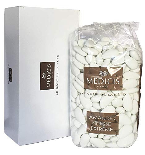 Medicis Premium Candied Almond Dragees (French Jordan Almonds) Sugar Coated Candies Ideal as a Party Favor for Weddings and Baby Showers 330 count bag 2.2lbs (White)