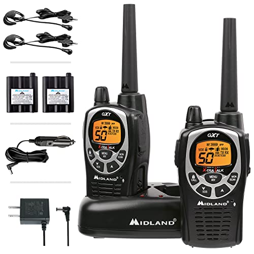 Midland 50 Channel Waterproof GMRS Two-Way Radio - Long Range Walkie Talkie with 142 Privacy Codes, SOS Siren, and NOAA Weather Alerts and Weather Scan (Black/Silver, Pair Pack)