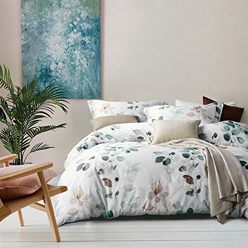 MILDLY Duvet Cover Queen Size 100% Egyptian Cotton Gradient Teal Leaves Plant Pattern Comforter Cover Ultra Soft & Breathable Unique Design Farmhouse Bedding Set (1 Queen Duvet Cover + 2 Pillow Shams)