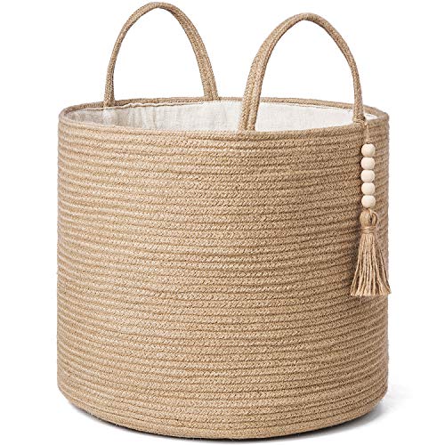 Mkono Woven Storage Basket Decorative Natural Rope Basket Wooden Bead Decoration for Blankets,Toys,Clothes,Shoes,Plant Organizer Bin with Handles Living Room Home Decor, Jute, 16" W × 13.8"L