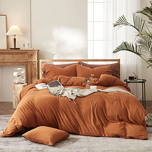 MKXI Caramel Pumpkin Duvet Cover King Terracotta Bedding Set Breathable Jersey Duvet Covers Simple Rust Bed Collection Easy Care Solid Color Adults Bedding Zipper Closure