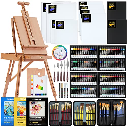 MMARTE All-in-One Artist Painting Set with French Easel, Quality Acrylic Paint, Oil Paints, Watercolor Paints,Acrylic Markers,Painting Pads, Art Supplies Kits for Artists, Beginner & Adults